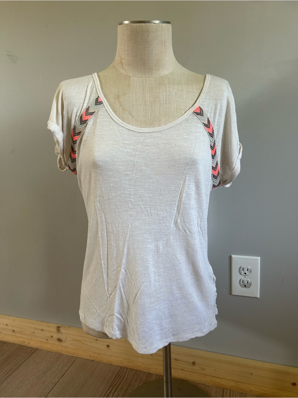 Maurices Cream Scoop Neck Short Sleeve Top with Chevron Trim